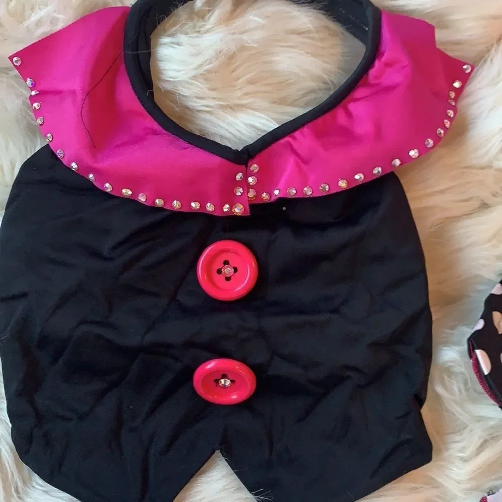 Custom made Jazz Polka Dot Black and Pink dance costume with swarovski crystals.